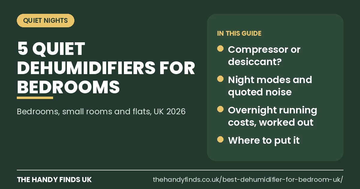The Handy Finds UK guide card: 5 quiet dehumidifiers for bedrooms, small rooms and flats, covering compressor or desiccant, night modes, overnight running costs and placement