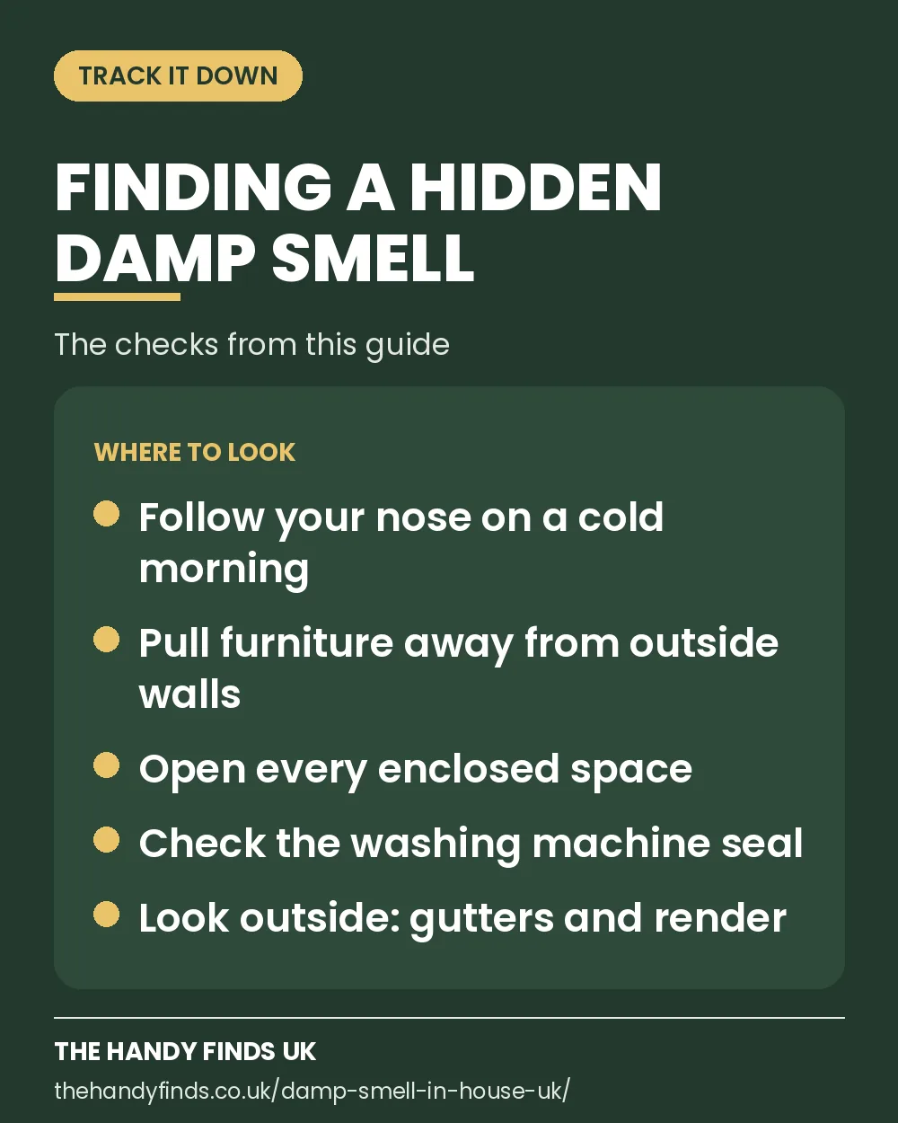 Checklist card for finding a hidden damp smell: follow your nose on a cold morning, pull furniture from outside walls, open enclosed spaces, check the washing machine seal and look at gutters and render outside