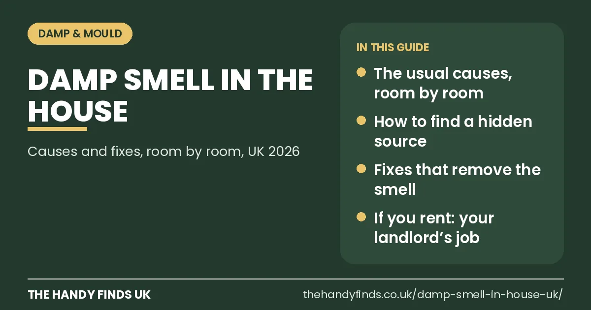 The Handy Finds UK guide card: damp smell in the house, covering the usual causes room by room, finding a hidden source, fixes that remove the smell and advice for renters