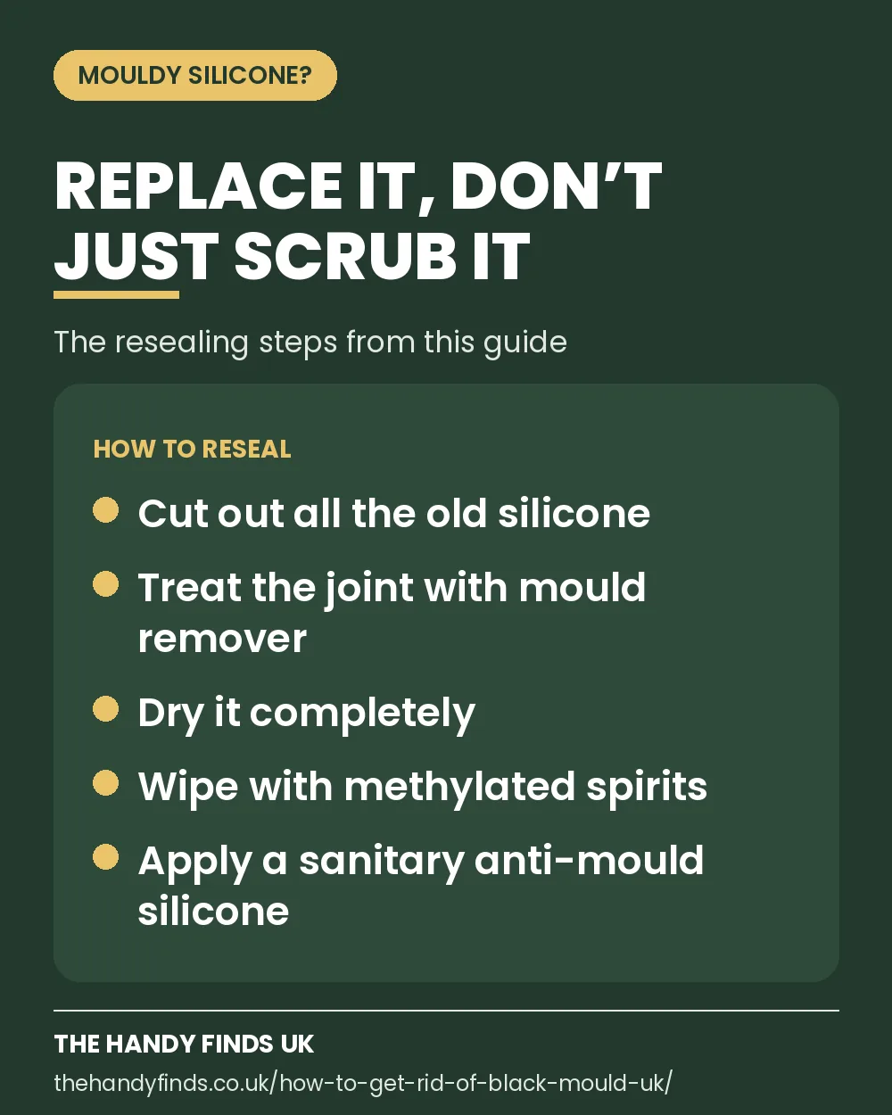 Card showing how to reseal mouldy silicone: cut out all the old silicone, treat with mould remover, dry completely, wipe with methylated spirits and apply sanitary anti-mould silicone