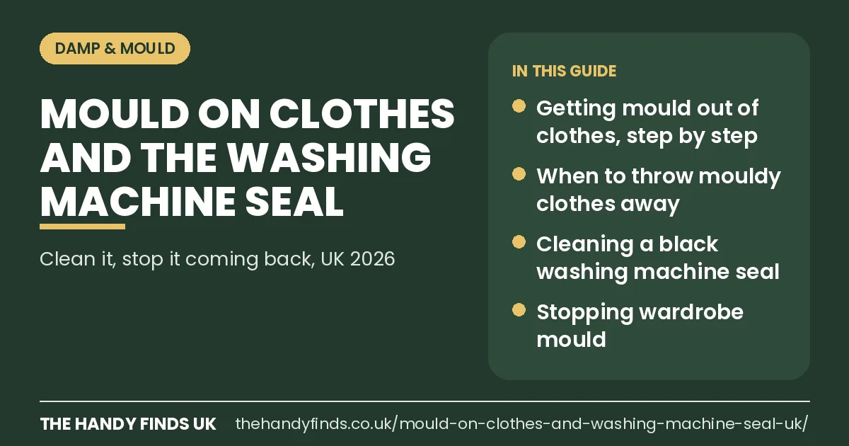 The Handy Finds UK guide card: mould on clothes and the washing machine seal, covering getting mould out of clothes, when to throw items away, cleaning a black seal and stopping wardrobe mould