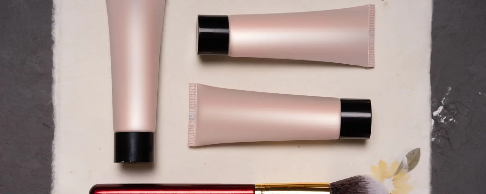Three unbranded pink cosmetic tubes and a make-up brush on cream paper