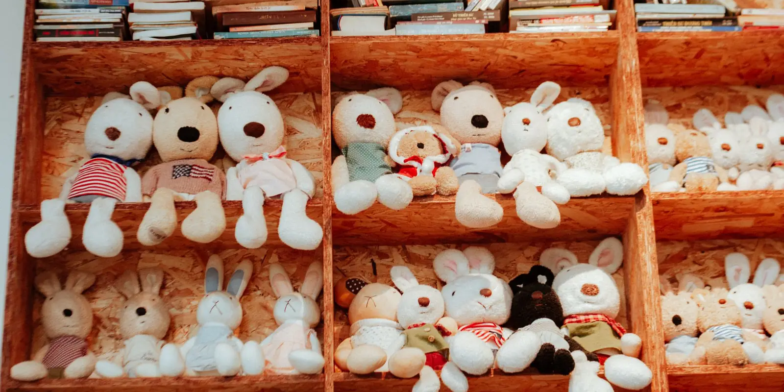 Rows of soft toy bunnies and bears on wooden shelves below a row of books