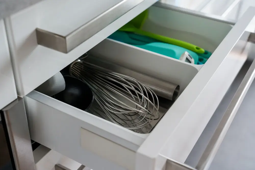 Open kitchen drawer with a whisk and utensils separated into compartments