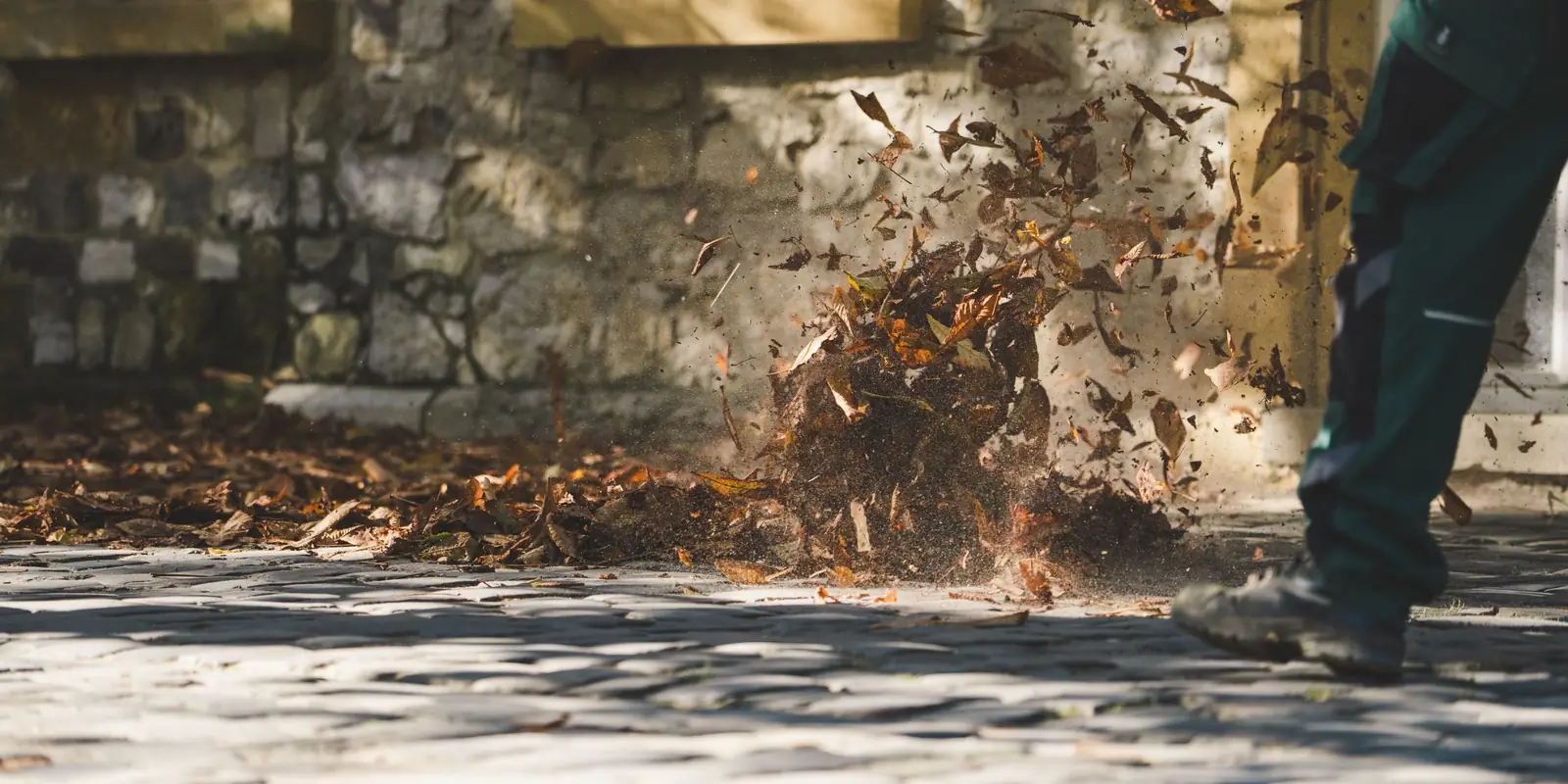 Gardener blowing a swirl of autumn leaves across paving beside a stone house