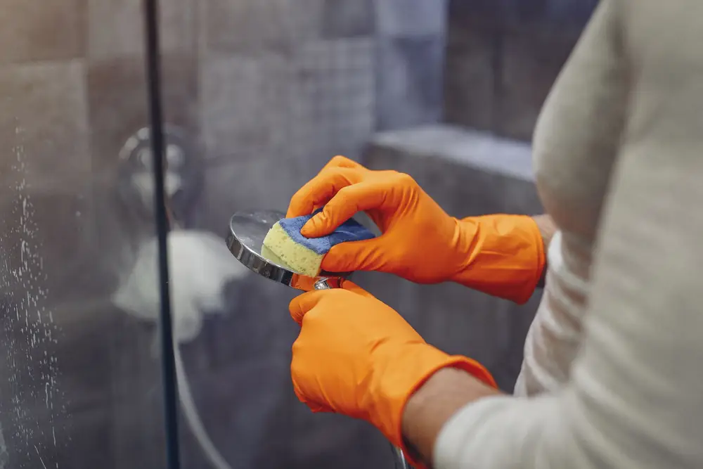 A person in orange rubber gloves wiping a shower head with a sponge